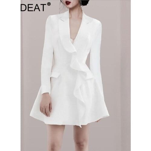 DEAT Women White Ruffles Above Knee Blazer Dress New Notched Neck Long Sleeve Loose Fit Fashion Tide Spring Autumn 2021 TB515