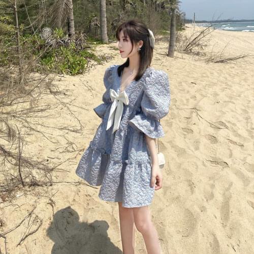 2021 Summer New Dress Female Bow Knot Sweet and Cute Ruffled Fresh Loose A-line Skirt Bubble Sleeve Short V-neck Gentle