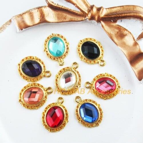 16Pcs Gold Plated Retro Oval Mixed Crystal Charms Pendants 13.5x18mm