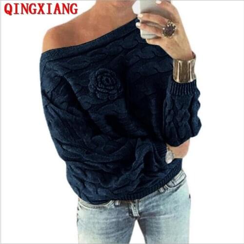 2020 Plus Size Hot Selling Autumn Winter Slash Neck Women Loose Sweater Hemp Flowers Off Shloder Long Batwing Sleeves Pullover
