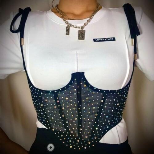 2020 womens jacket mesh rhinestones women slim sexy women wear corset bustier top Medias de mujer tops all neon store clothes