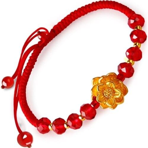 Authentic 24K Yellow Gold 3D Lotus Flower Bead Braided Bracelet