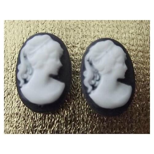Free ship!!! 100pcs/lot Vintage resin Cameos Lady Portrait Cabochons Cameos white on black 12*18mm