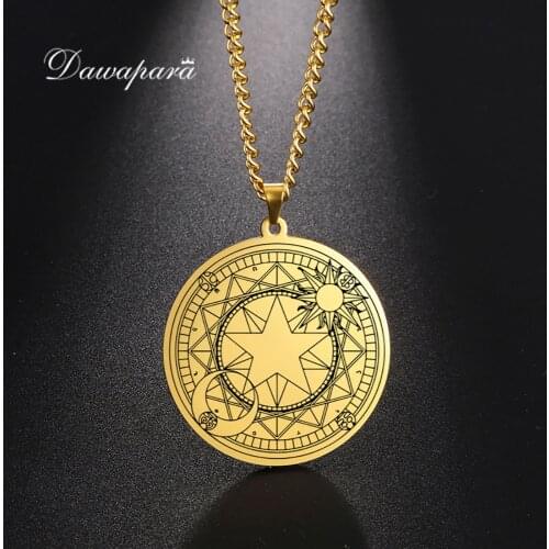 Dawapara Sakura Magic Array Sun Moon Star Magic Amulet Good Luck Pendant Necklace Stainless Steel Jewelry