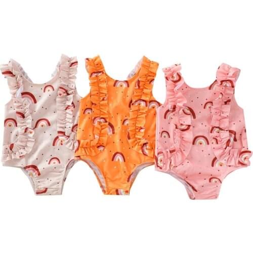 Kid Bathing Suit Newborn Baby Girls Rainbow Swimsuit Sleeveless Ruffle Swimwear Bodysuit Bikini 0-3Y