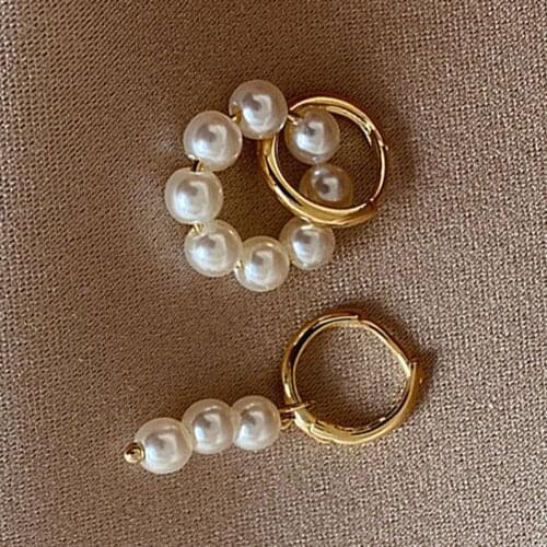 Hoop Earrings Double Circle Comfortable Wear Golden Asymmetrical Faux Pearl Earrings Elegant Female Earrings Party