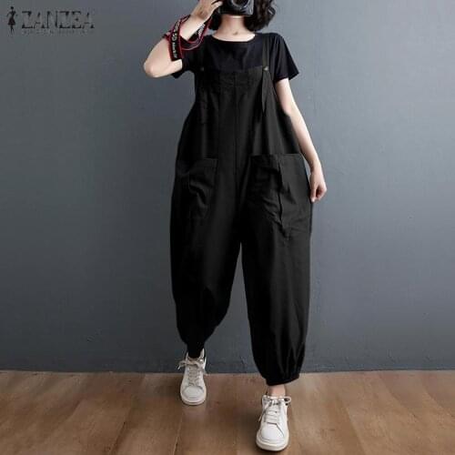Kaftan Womens Solid Jumpsuits 2021 ZANZEA Casual Summer Overalls Pockets Suspender Playsuit Female Drop Crotch Pants Oversized