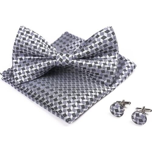 Check Classic Silver Grey 100% Silk Jacquard Men Butterfly Bow Tie for Men Charcoal NeckTie Pocket Square Handkerchief Suit