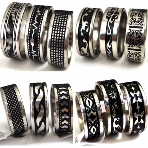 50pcs Assorted Design Mixed Black Oil Mens Womens Stainless Steel Rings 8MM Unique Jewelry Wedding Bands Comfort-fit Wearing