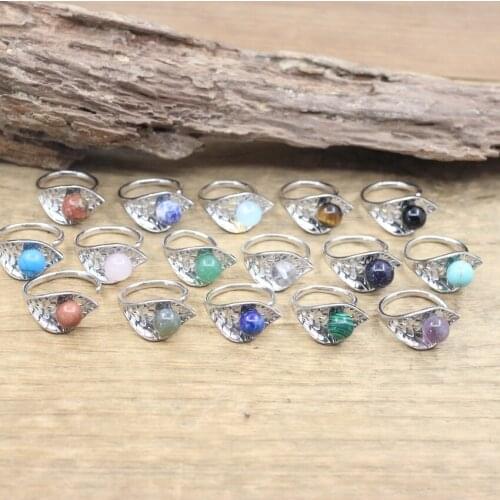 Leaf Shape Round Bead Stone Open Rings Reiki Healing Crystal Opalite Agates Amethysts Lapis Adjustable Ring Women Jewelry,QC4118