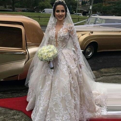 Retro Lace Wedding Dresses Spring Summer Long Sleeves Bridal Gowns Custom Made Ball Gown See Through