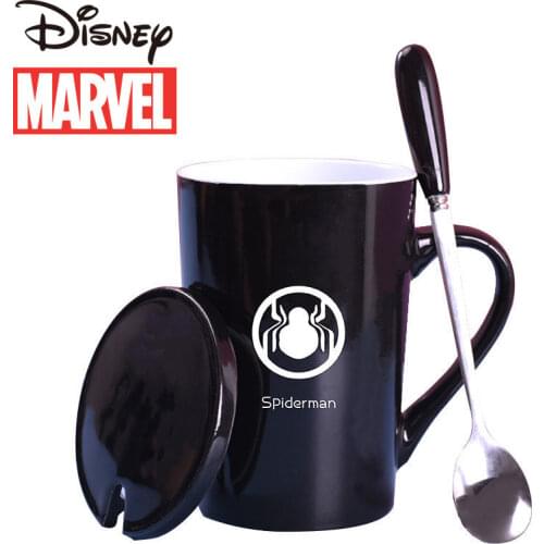 Disney Marvel Superhero Spiderman Iron Man Mug Ceramic Cup Drinking Cup Spoon with Lid