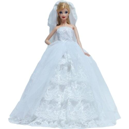 Fashion White Wedding Dress Evening Party Gown Elegant Bride Skirt With Head Veil Accessories Clothes for Barbie Doll DIY Toy