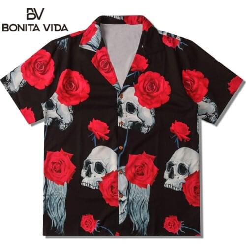 Bonita Vida Hawaiian Shirts Streetwear Skull Rose Flowers Print Punk Rock Gothic Beach Shirt Hip Hop Beach Holiday Casual Tops