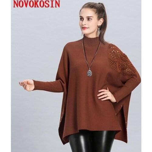 SC176 2018 Winter Warm Knitted Plus Size Hollow Out Cape Sweater Autumn Pullover Fashion Women Loose Bat Sleeve High Neck Poncho