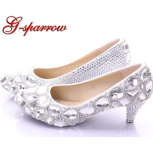 Silver Rhinestone Wedding Shoes Blingbling Diamond Woman Pumps 2 Inches Comfortable Middle Heel Mother of the Bride Shoes