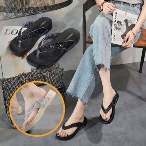 Fashion Flip-flops Sandals Womens Fashion Platform Wear Pinch Beach Slippers Womens Shoes Drills Sequins Candy Colors