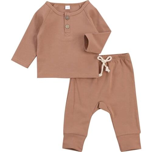 2 PCS Baby’s Warm Clothing Set New Born Boy Girl Solid Color Long Sleeve Button Top Long Pants with Drawstring Suit 0-24 Months
