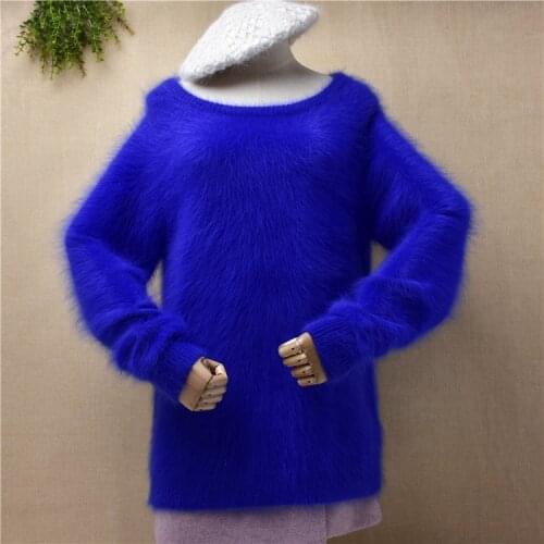 Female women autumn winter hairy plush mink cashmere knitwear o-neck loose pullover angora fur jumper sweater pull jersey robe