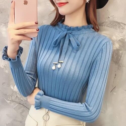 Womens Bowknot Ruffled Sweater 2021 Autumn Winter New Turtleneck Vintage Slim Elasticity Pullover Knitted Sweater Female Jumper