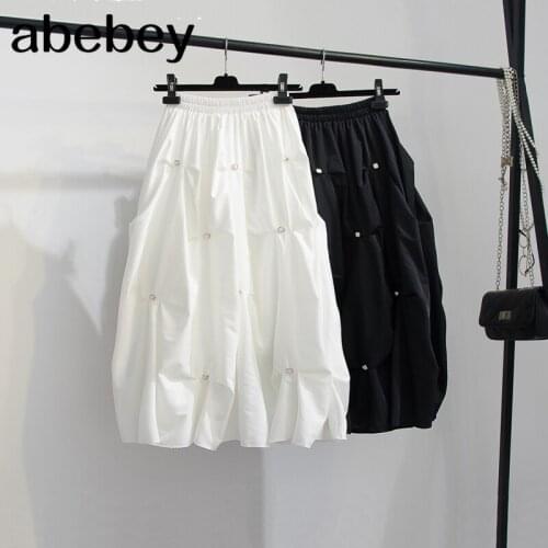 2021 New Beading Elegant Womens Midi Skirts White/Black Female High Waist A-Line Umbrella Casual Korean Style Bow Skirts Lady