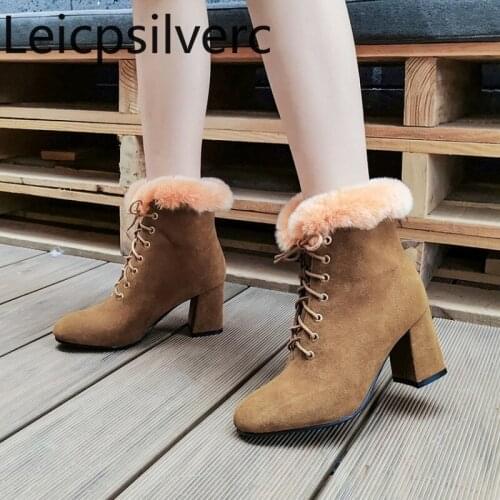 Womens Boots Autumn And Winter The New Round head Lace-up plush Thick heel High heel Short tube Womens shoes plus size 30-46