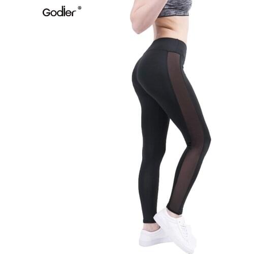 Godeir Net Yarn Patchwork Sexy Elastic Fitness Push Up Women Leggings High Waist Black Pants Transparent Sexy Leggings Jc0064