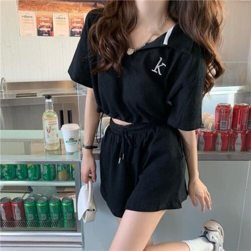 Salt-sweet sports suit female net celebrity explosion style loose college style polo collar short-sleeved t-shirt casual shorts