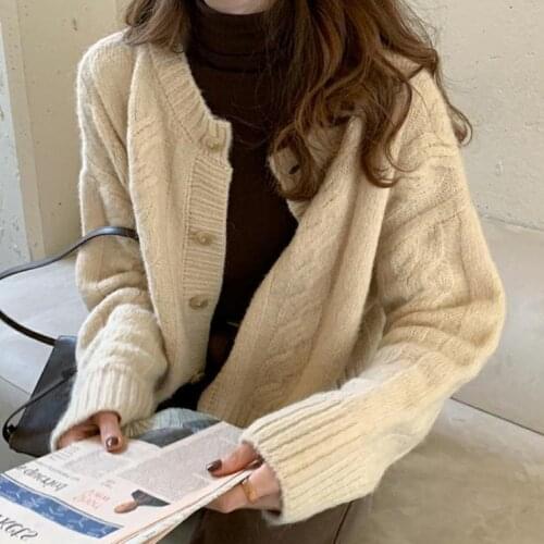 Women 2021 New Spring Autumn Loose Warm Cardigan Coats Female O-neck Sweater Jackets Ladies Warm Knitted Jumpers Overcoats Y406