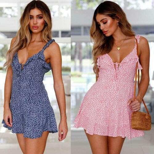 Sumemr Sexy Deep V Neck Sleeveless Spaghetti Straps Womens Mini Dress 2021 Fashion Bohemia Floral Print Ruffles Ladies Dresses