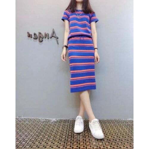 2018 New Summer Suit Sets Women Striped 2 piece Top Skirt Casual Print Knitted Female Short Sleeve Ladies Slim Women Set