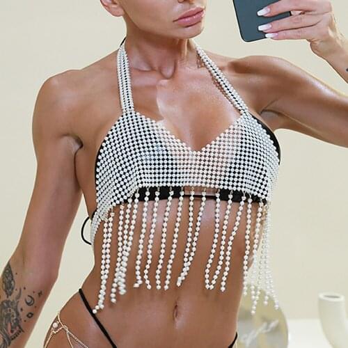 Faux Pearl Halter Bra Womens Sexy Tassel Chest Chain Gothic Backless Body Chain Fashion Nightclub DJ Body Chain Jewelry