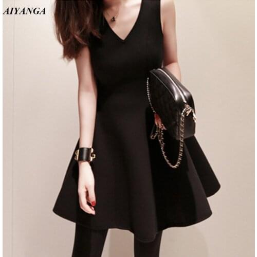 Black Womens Dresses New Arrival 2019 Spring Summer Dress Free Shipping Lady Dresses Sleeveless V Neck A-Line Dress Feminino