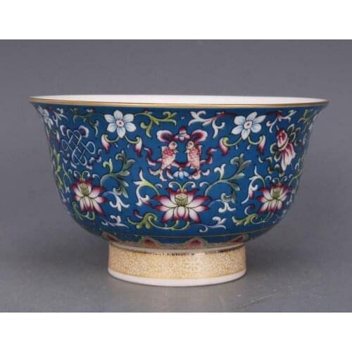 Chinese Famille Rose Porcelain Blue Glaze Qing Qianlong Lotus Design Bowl