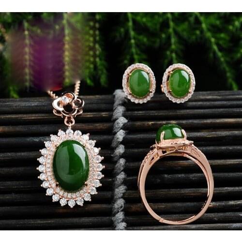 Beautiful 925 Silver Natural Green HeTian Jade Round Beads Inlay Lucky Pendant Neckl;ace Earring Ring Womans Fine Jewelry Set