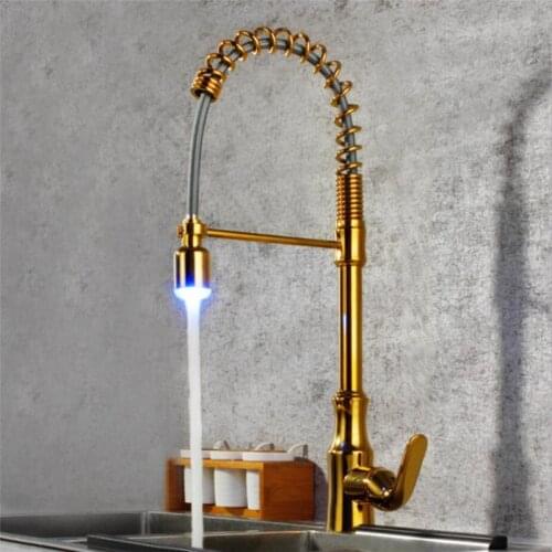 Kitchen Sink Faucet Golden Sink Mixer Tap Brass Pull Out With LED Light Single Handle Hot & Cold Rotate Kitchen Crane Mixer