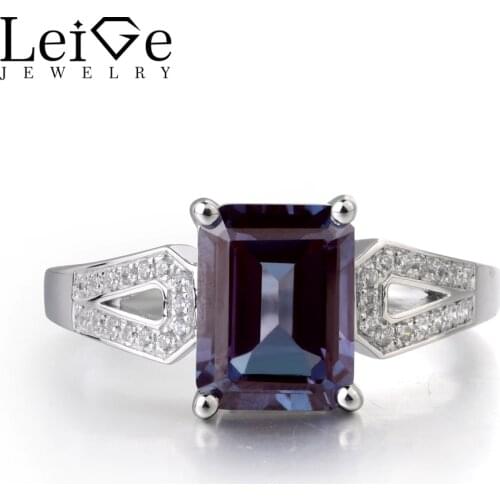 Leige Jewelry Lab Alexandrite Color Changed Gemstone 925 Sterling Silver June Birthstone Emerald Cut Party Rings For Woman