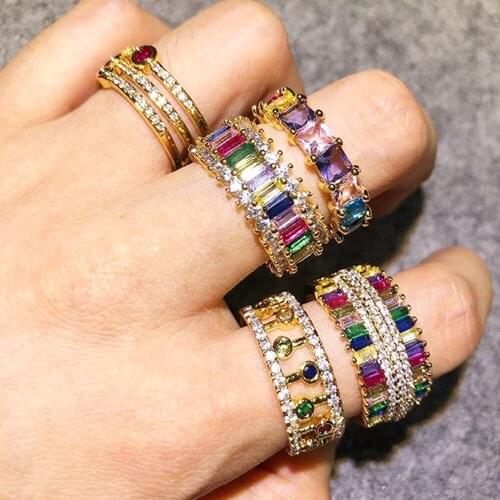 2020 Hot Sale Hollow Gold Filled Women Engagement Rins Paved Round Rainbow Cubic Zirconia Wedding Delicate Jewelry High Quality