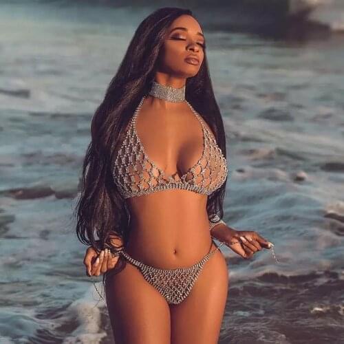 Fashion sexy goddess shiny crystal body jewelry bra Thong Set womens Rhinestone underwear transparent hollow adjustable vest