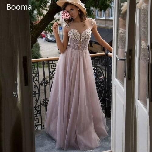 New Pink Beach Wedding Dresses Cap Sleeves Beaded Flowers Long Bride Dresses Open Back Sheer Neckline Tulle Bridal Gowns