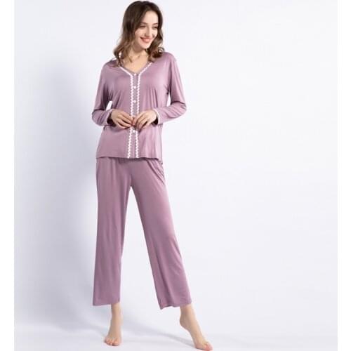 Autumn New Cardigan Pijama Feminino Solid Color Soft Loose Casual Pajamas Modal Long Sleeve Home Clothes Suit Women