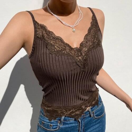 Tank Top Brown Ribbed Patched Lace Crop Top Women 2021 Summer V Neck Sexy Sleeveless Tees 90s Backless Spaghetti Strap Camis Top