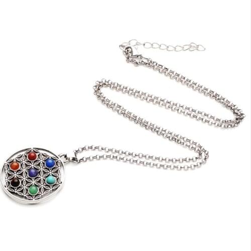 FYJS Unique Silver Plated Flower of Life with 7 Colors Stone Pendant Chakra Necklace for Christmas Gift