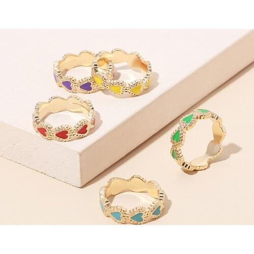 Bohemian Cute Colorful Enamel Love Heart Ring Fashion Geometric Round Gold Color Rings for Women Girl Party Jewelry Wholesale