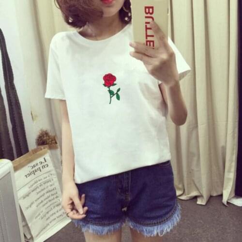 Fashion Flower Print Short Sleeve O Neck Tees Women Tops Casual Slim Fit Tee Shirt Femme Campus Style Women T-shirt