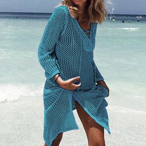 Womens Sleeve Coverups Bikini Hollow Cover Up Lace-up Net Beach Swimsuit Dress Boho Bohemian Summer Beach Knee-Length Dress