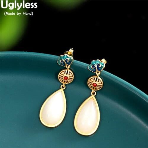 Uglyless Ethnic Vintage Earrings for Women Natural Hotan Jade Water Drop Dress Earrings Enamel Brincos Gold 925 Silver Jewelry