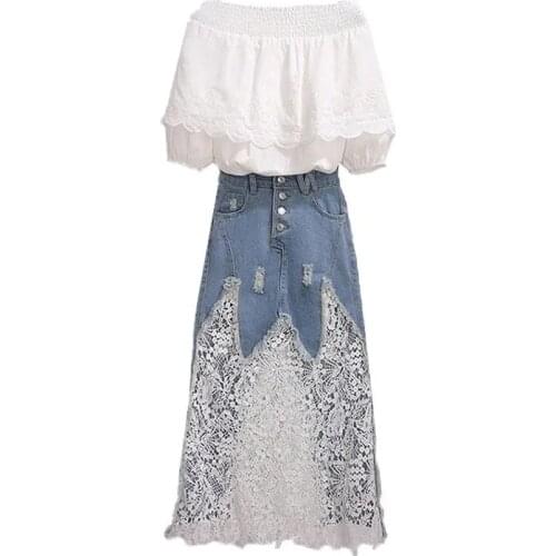 Plus Size 4XL Denim Skirts Sets Women Summer 2021 New White Off Shoulder Top And Lace Spliced Denim Skirt Two Piece Suit Women