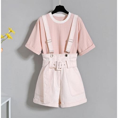 2021 Summer Fashion Suit Female Student Korean Loose Striped T-shirt + High Waist Casual Strap Shorts Two-piece Suit