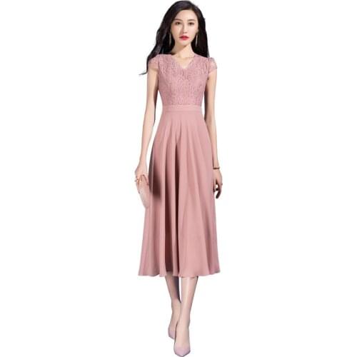 2021 New Fashion Pink Chiffon Dress Summer Women Clothing Waist Lace Stitching A Line